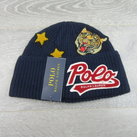 Polo Ralph Lauren Patch RL Tiger Navy Blue Skull Beanie Cap One Size NEW - Picture 2 of 10